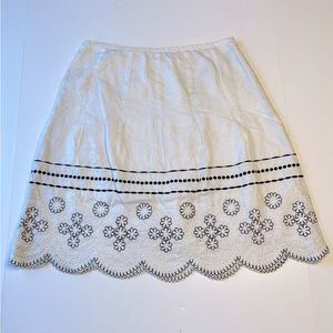 Loft Linen Cream-White Black Embroidered Eyelet Pleated Scalloped Hem Skirt 4
